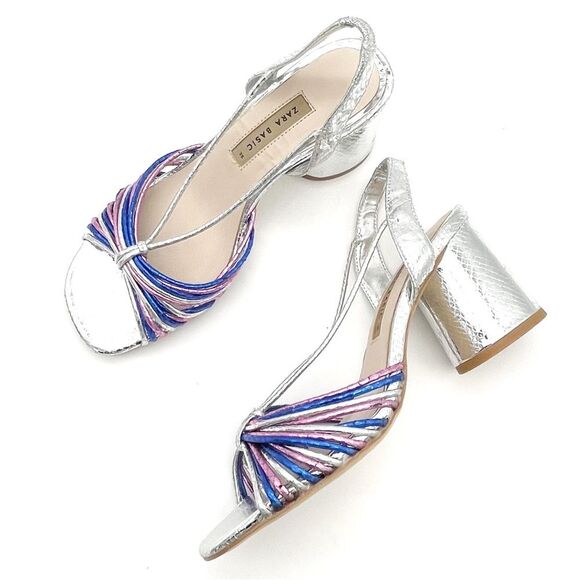 Zara Silver Metallic Block Heel Strappy Sandal Colorful Disco Shoes Size 38 7.5 - Picture 4 of 16